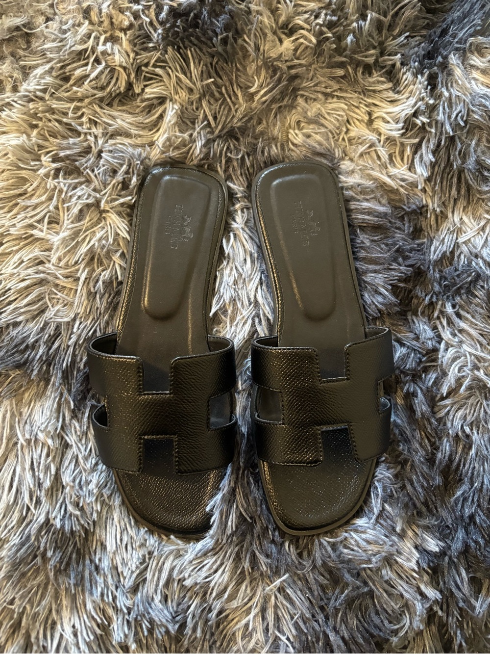 Hermes Black Oran Slide Sandals